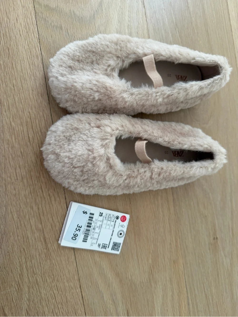 Zara Kids Beige Faux-Fur Mary Jane Slippers